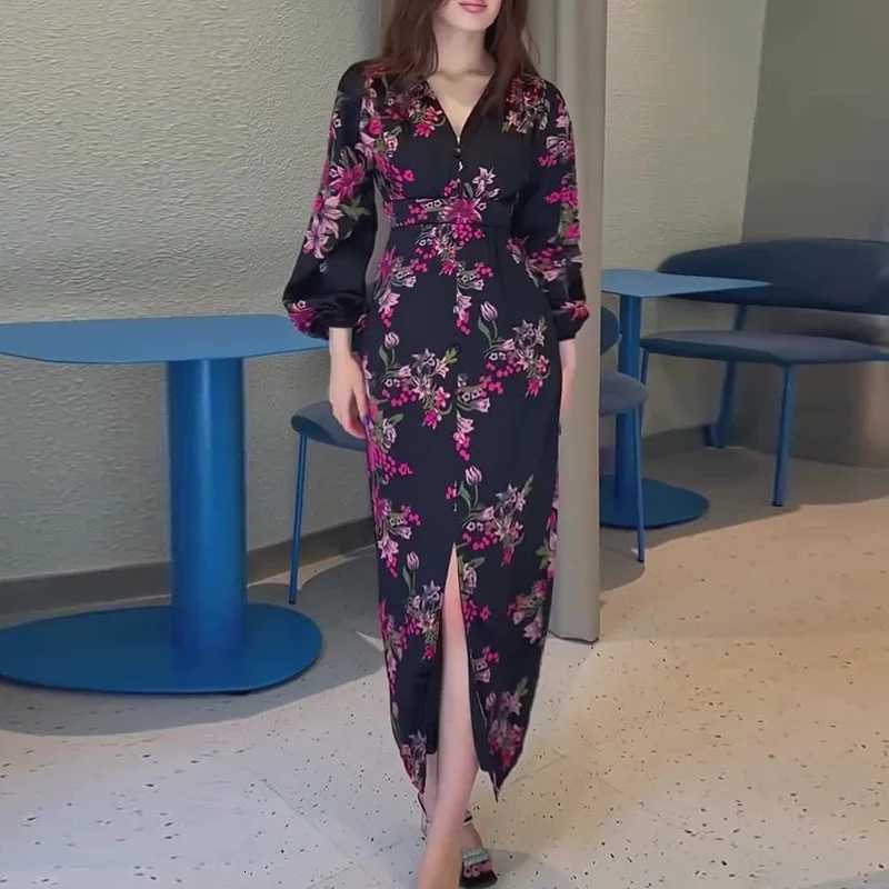 Temperament High Waist Ruffles Party Dress Sexy V-neck Floral Printed Satin Dress Elegant Vintage Long Sleeve Slim Evening Dress X260306