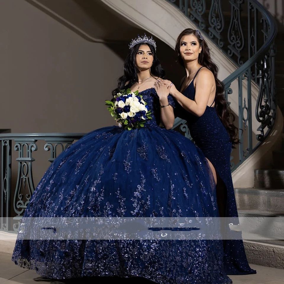 Navy Blue Ball Gown Quinceanera Dresses Lace Floral Appliques Beaded Off Shoulder Princess Prom Dress For 15 Girls Celebrity Party Boutique
