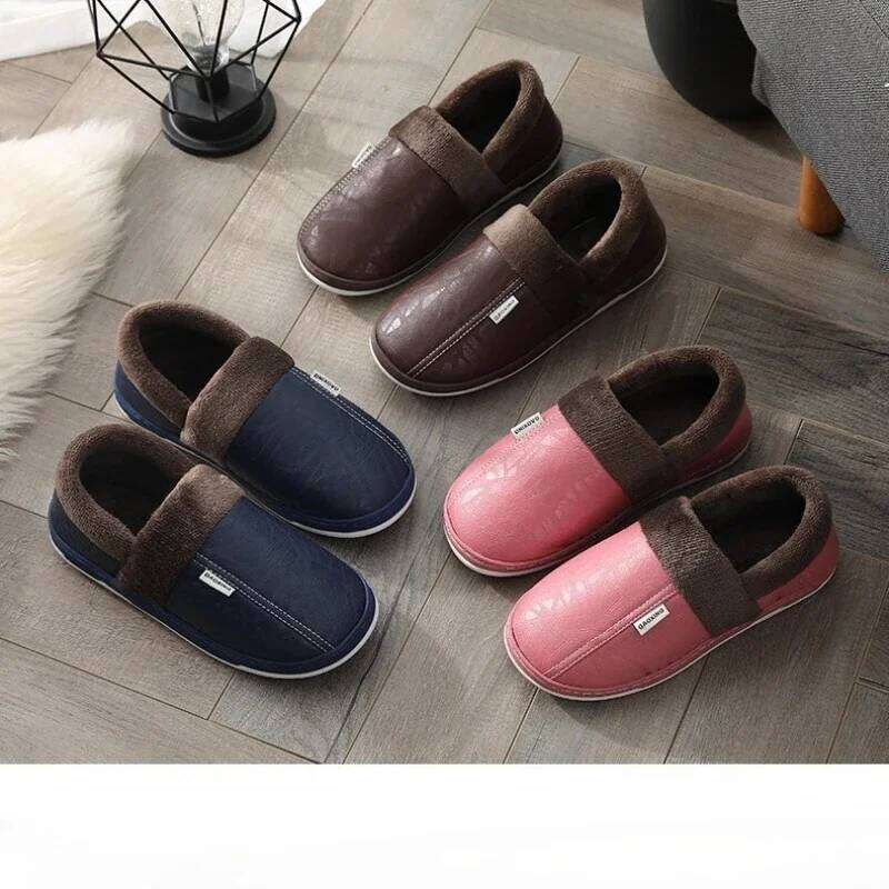 Women's Winter Slippers Home Warm Thick Bottom Plush Waterproof PU Leather Couples Cotton Men's Flat Couple Shoes