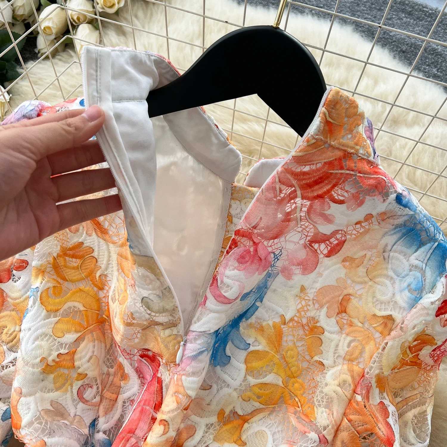 Vintage Elegant Hook flower hollow puff sleeve O Neck sashes Single Breasted Dress Casual Fashion Summer women clothing X260306