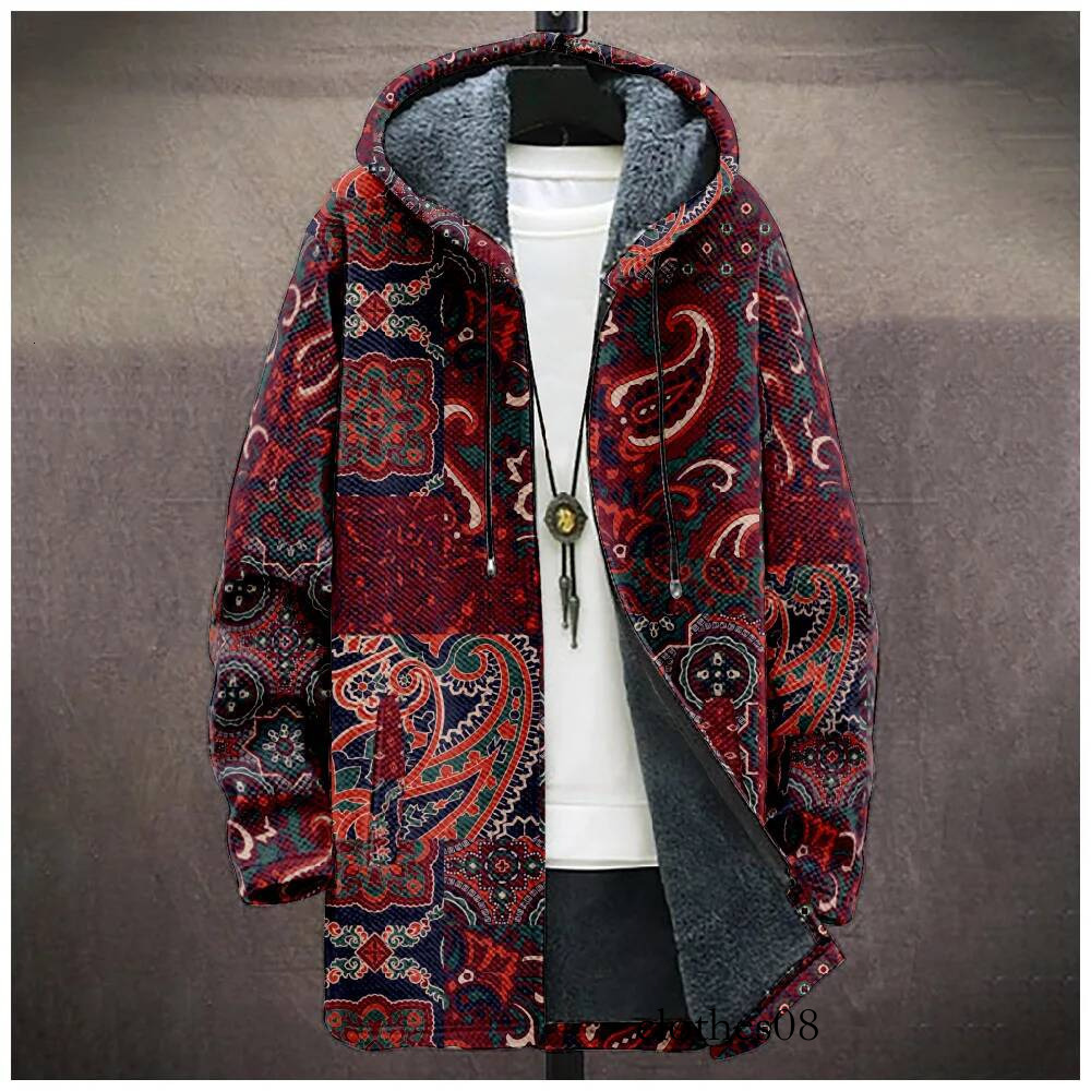 Youthful Colorful ethnic 3D Print Winter Sleeve Hoodies Zipper Jacket Men Fleece Long style Outerwear Warm Coats