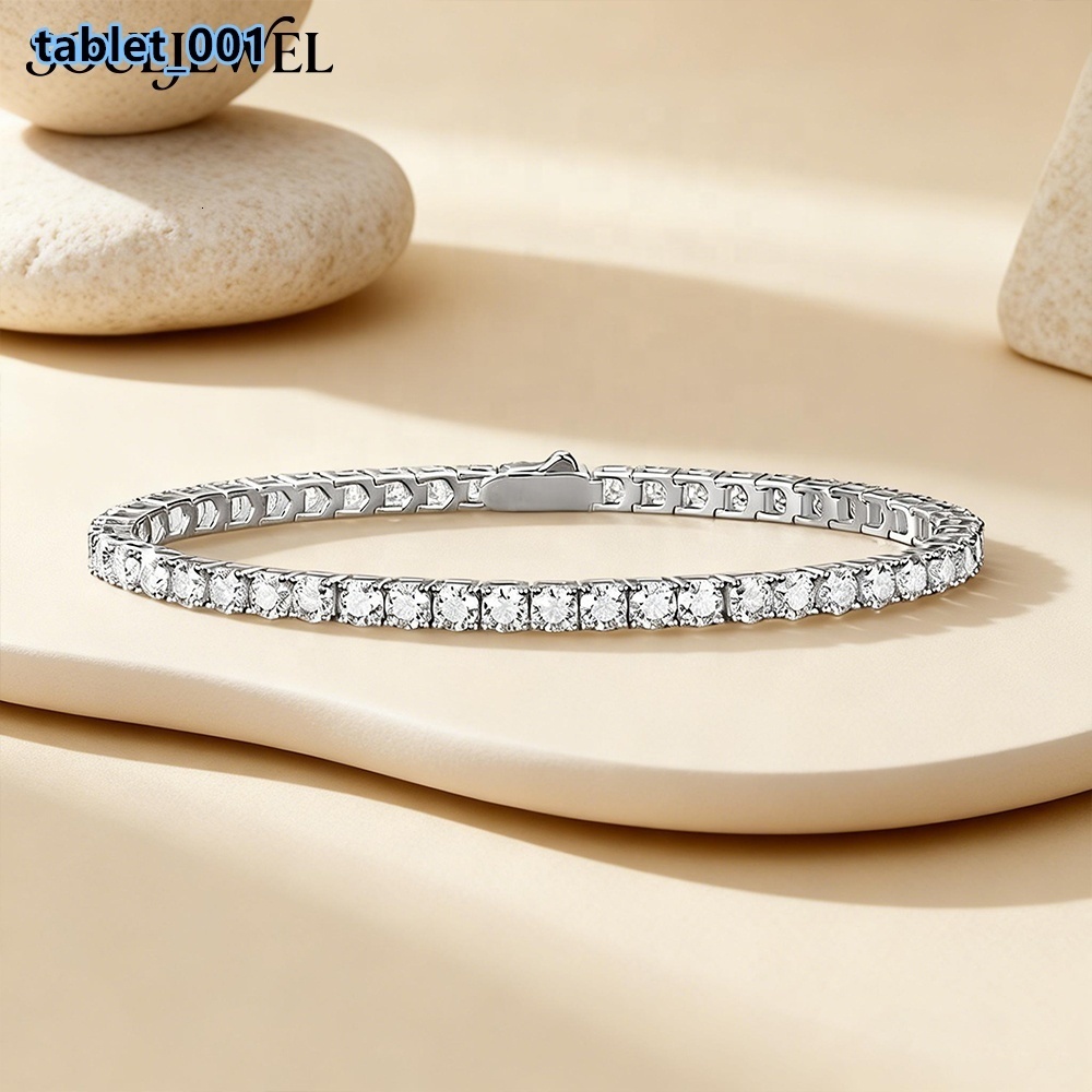 Unisex Moissanite Tennis Bracelet Sterling Silver Rhodium Plated Round Brilliant Cut Luxury Hip Hop Everyday Wear Jewelry