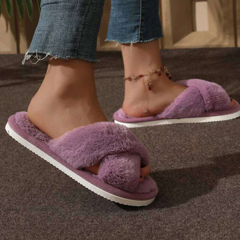 Cross Warm Fluffy Furry Slippers Women Lightweight Flat Heels Fur Slides Woman Autumn Winter Open Toe Non Slip Home Floor Shoes