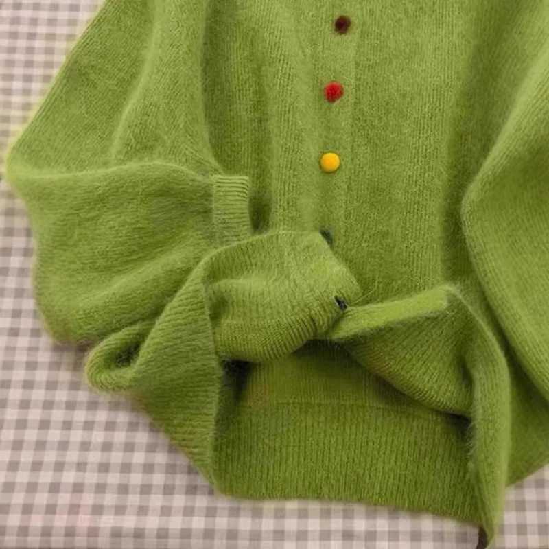 Retro Green Top Colorful Buttoned Sweater Jacket for Women Spring Autumn Loose White Knitted Cardigan M260306