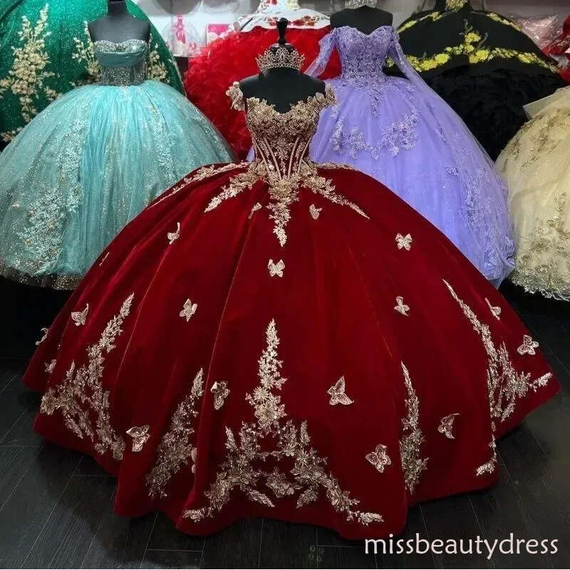 2026 Red Sexy V-neck Princess Quinceanera Dresses Ball Gown Off The Shoulder Gold Appliques Bow Corset Sweet 15 Vestidos De XV Anos