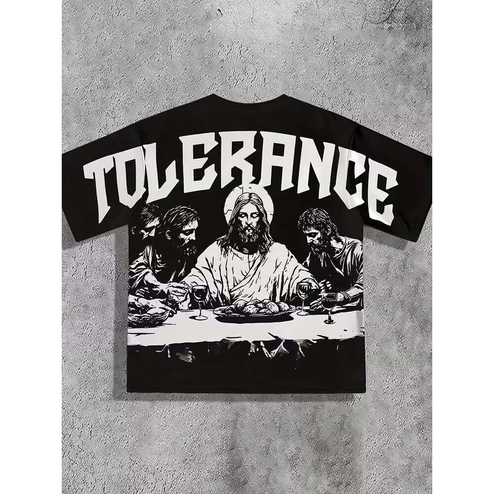 Cross-Border Temu Hot Sale Men's Summer Black Street Style Urban Art Loose Breathable Printed T-Shirt