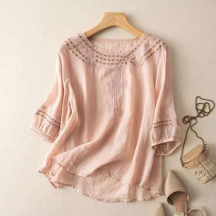 Women Summer Tops Tees Vintage Blouse Short Sleeve Shirt Ruffles Loose Casual Tees Literary Floral Embroidery Cotton And Linen Blous