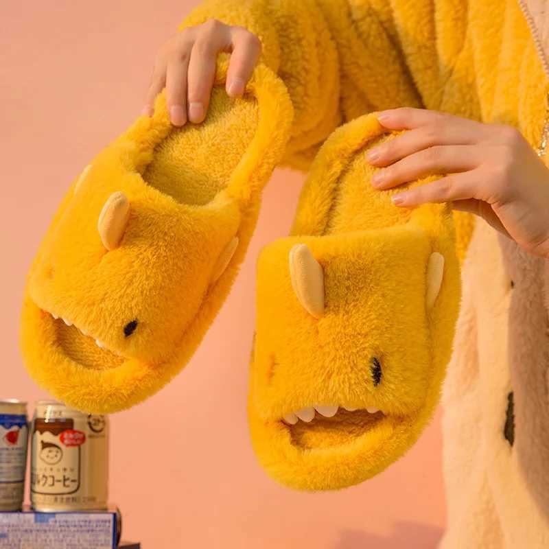 Comwarm Autumn And Winter Cartoon Shark Wool Slippers For Women Soft Home Mens Indoor Household Open Toe Plush Cotton Slippers S260305