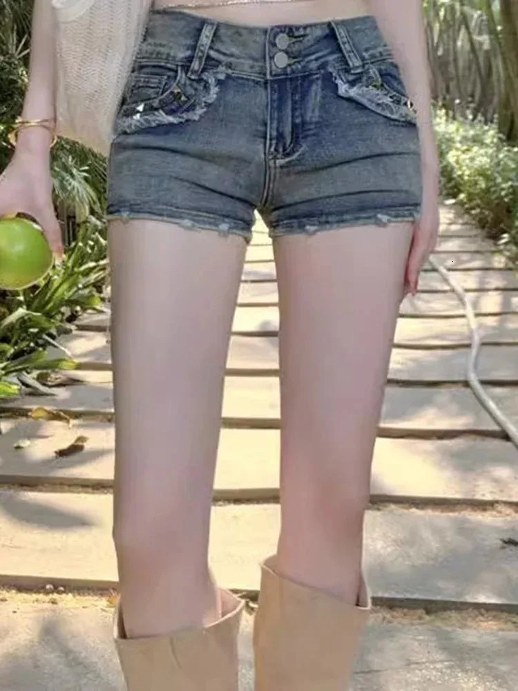 Women Korean Retro Y2k Shorts Pants Lady Vintage High Street Pants Female Blue Low Waist Elastic Wrapped Hip Short Jeans 260306