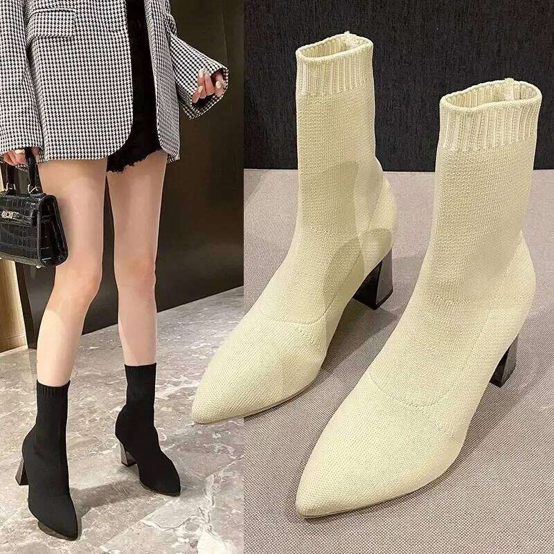2025 Winter New Pointed Slimming Socks and Casual Fashion Thick High Heels Women's Boots
