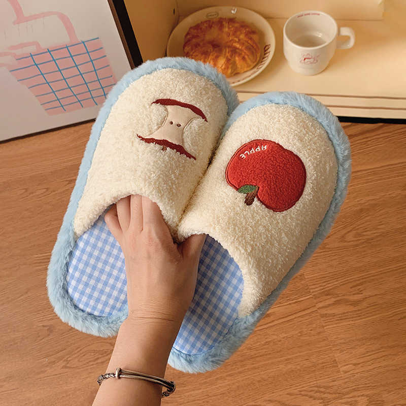 Cute Red Apple Cotton Slippers for Women Winter Girly Fuzzy Shoes Home Floor Non-Slip Maternity Shoes S260305