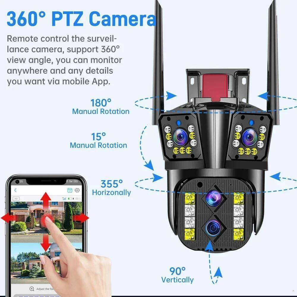 8K WIFI IP 16MP HD Outdoor 10X Optical Zoom Automatic Tracking PTZ Four Lens Three Screen Waterproof Security Camera CCTV 26W0306