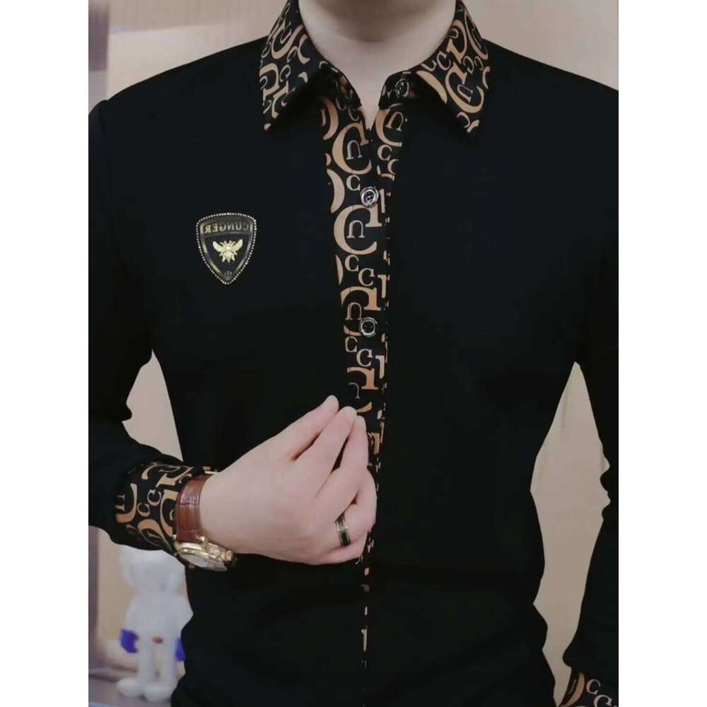 New Men's Light Luxury Handsome Lapel Long Sleeve Korean Version Fake Two Pieces Casual Slim Fit Business Social Shirt