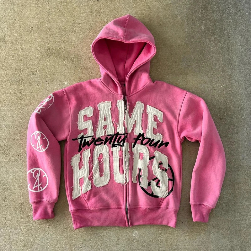 Quick delivery Y2K letter sticker printed street hip-hop style heavyweight hooded sweatshirt cardigan high street jacket 260303