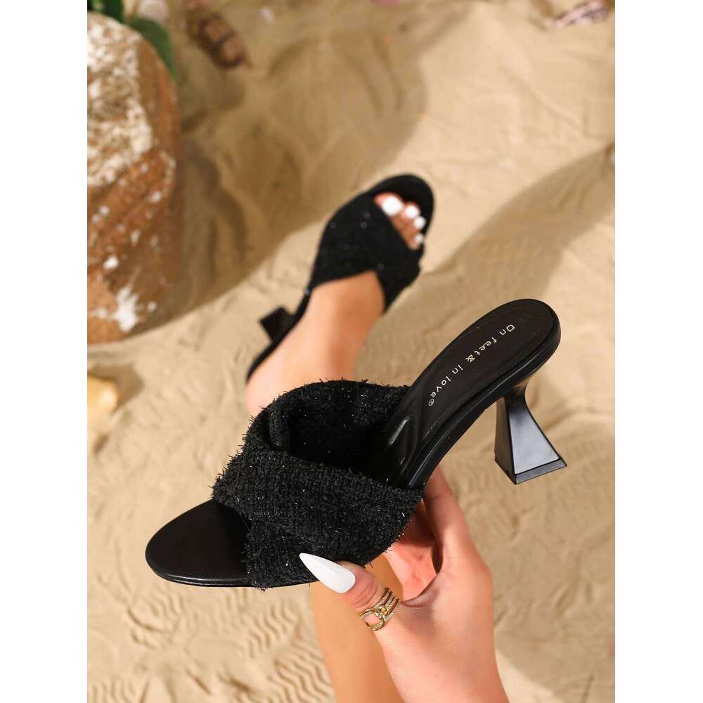 Women's Linen Open-Toe Stiletto Mule Sandals Versatile for Party, Daily Wear, Beach, Vacation, and Fashion Occasions - Trendy