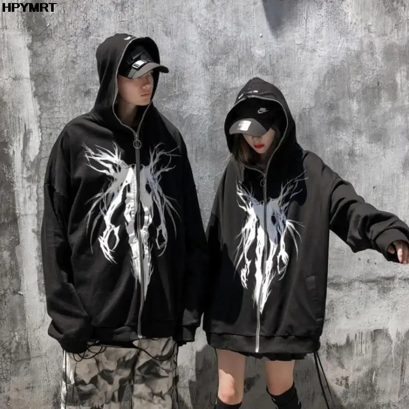 Autumn Fashion Punk Graphic Print Hip Hop Zipper Hoodie Men Women Harajuku Oversized Hooded Sweatshirt Gothic Vintage Streetwear 260228
