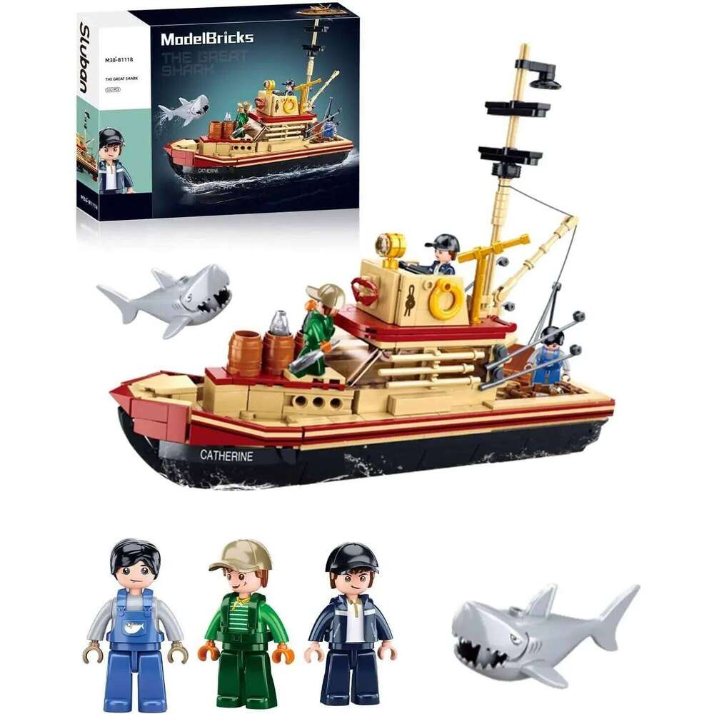 592PCS Shark Fishing Ship Building Blocks Great White Model with Mini Figures Creative DIY Toy Birthday Gift for Kids Adults Z260306