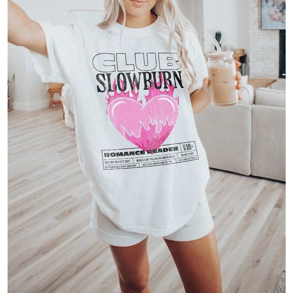 Slow Burn Book Club Shirt Bookish Shirt Romance Women Cotton Casual Loose Short Sleeve T Shirt Vintage O Neck Top Tee Clothes 260304