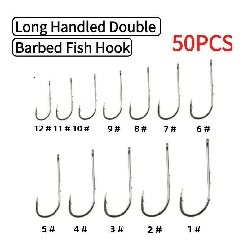 50pcs Long-Handled Sea Hook Double Backstab High-Carbon Steel Barbed Crooked Mouth Lure Hooks for Bulk Fishing S260305