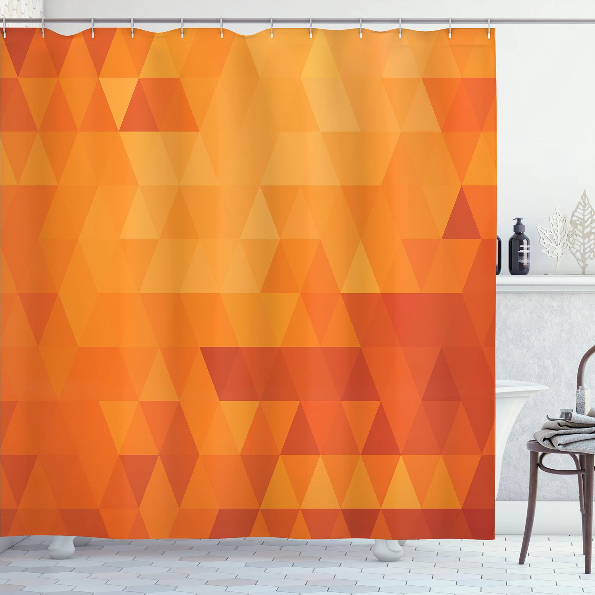YL-38317 Orange Shower Curtain with Triangular Mosaic Shape and Pattern, Abstract Pixel Effect, Waterproof Shower