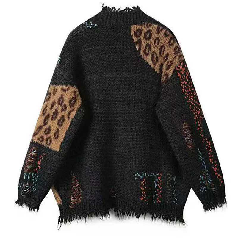 Y2k Womens Spliced Vintage Leopard Loose Long Sleeves Knitted Cardigan Winter Fashion V-neck Men Long Sweater Clothing Female M260306