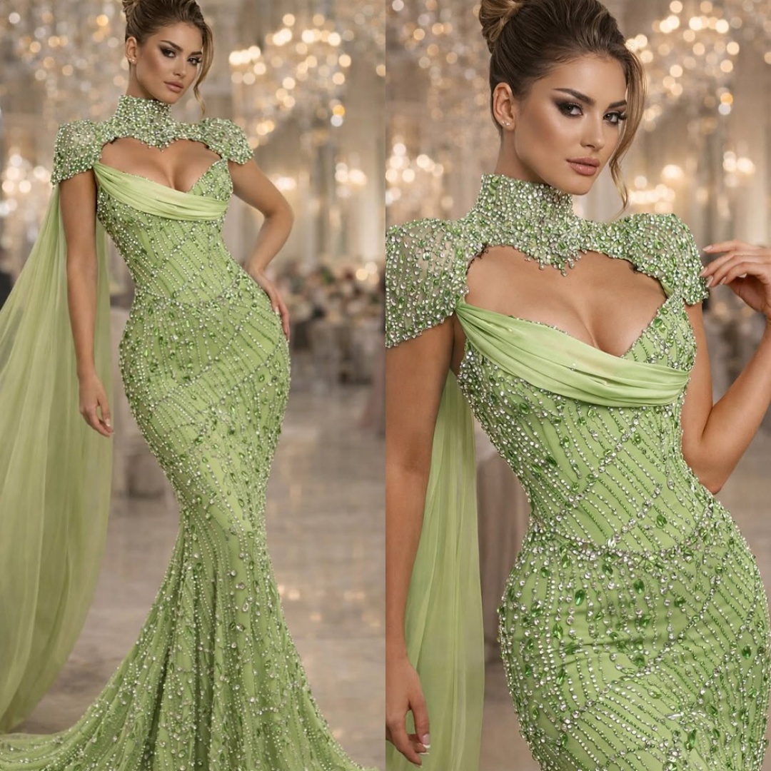Elegant Evening Dresses Mermaid High Neck Beading Rhinestones Sleeveless Prom Dresses Backless Celebrity Party Gown Customized Vestido De Novia