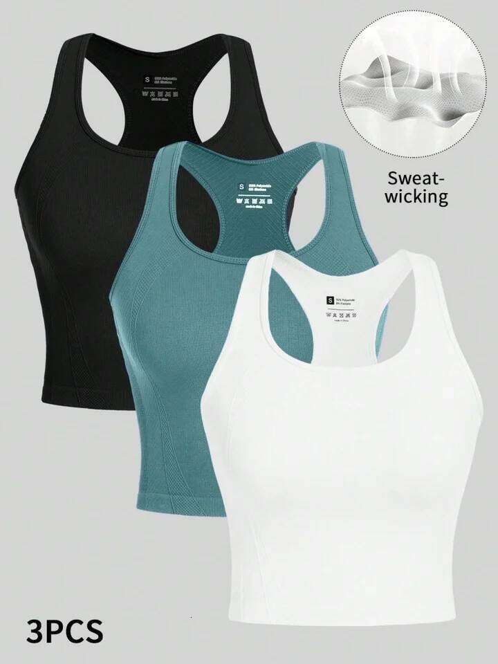 3 Piece Yoga Vest Women Gym Sports Racer Crop Tops Seamless Streetwear Rib Knit Workout BreathableTank Top Female 26Y0306