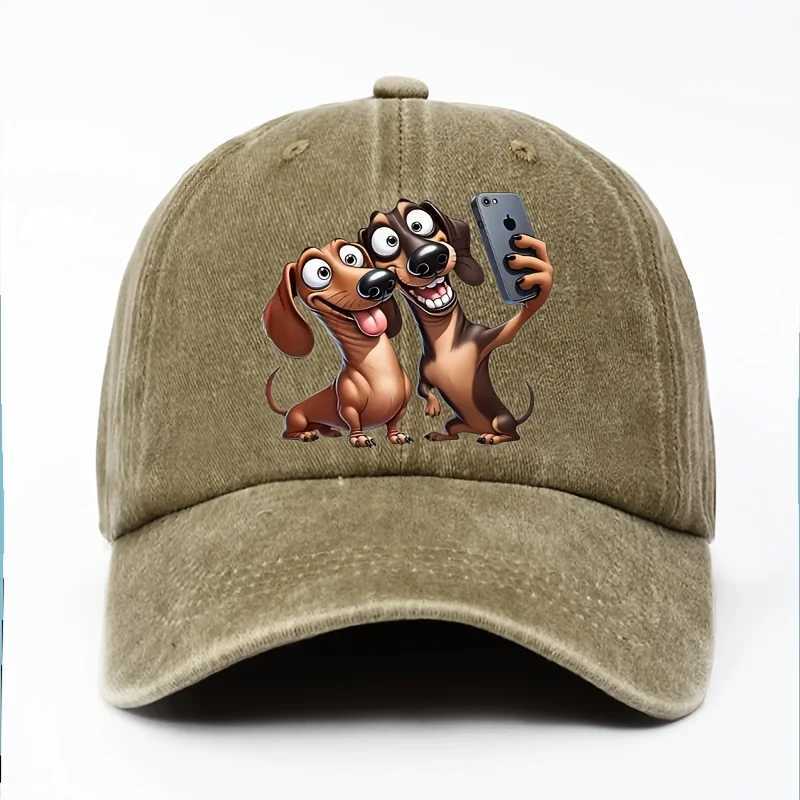 Dachshund Selfie Cartoon Print Baseball Cap Vintage Washed Adjustable Snapback Dog Lovers Casual Sun Hat S260306