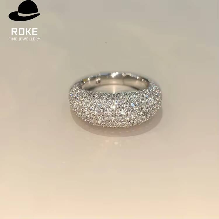 Luxury Wide-band Ladies Ring Pav-set with Lab-grown Round-cut Diamonds 9-18K White Gold Party Ring