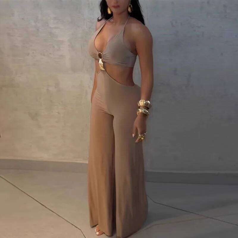 Elegant Halter Women's High Waist Romper Sexy V-Neck Sleeveless Hollow Out Jumpsuits Summer Backless Fit Pure Playsuits Overalls