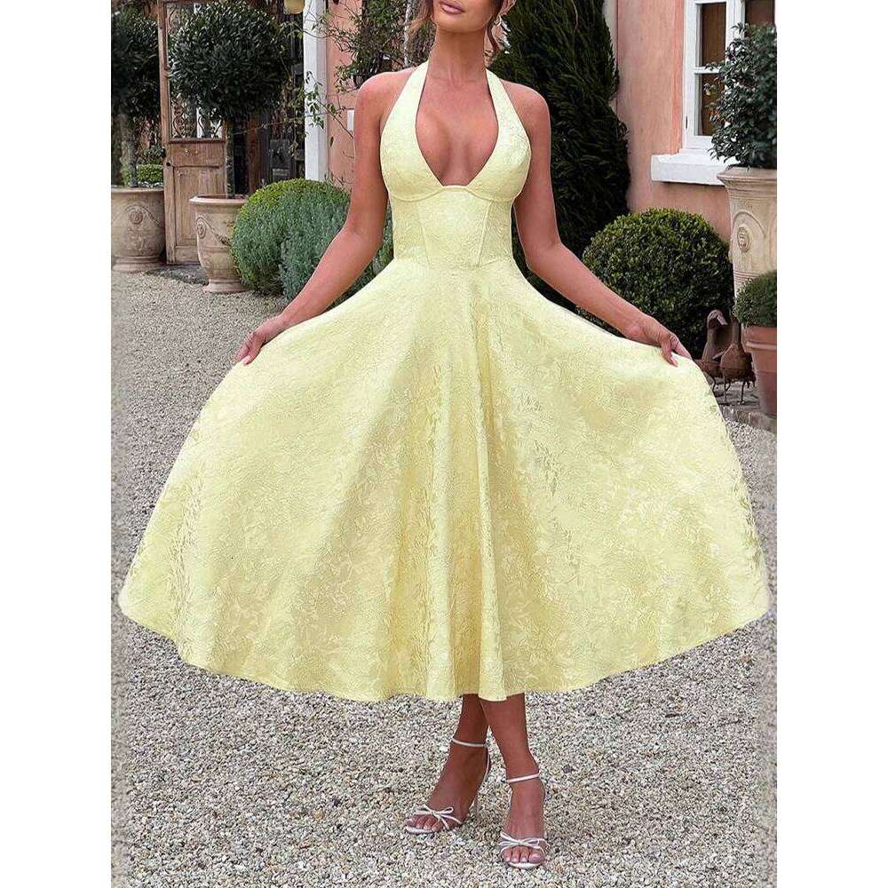 V-Neck Neckline Sleeveless Women's Dress Jacquard Tie Waist Resort Style Long Senior Party Dresses Summer New Mdng260306