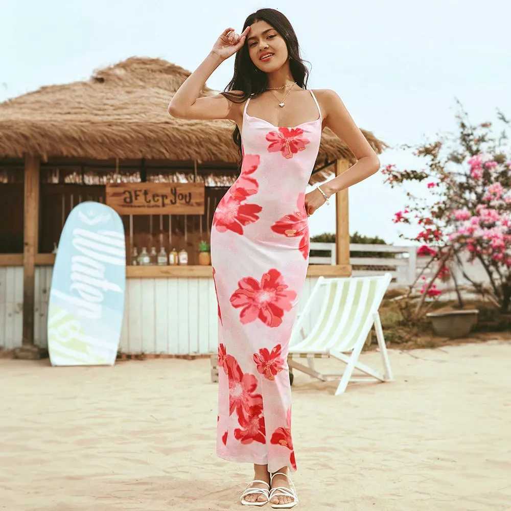 Spring and Summer Pink Floral Strapless Dress for Outings Travel and Resort - Beach and Sand Design with Print Long Dress X260306