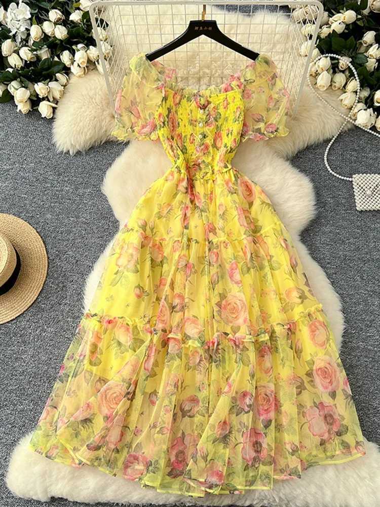 Summer Vintage French Mesh Dress for Women New Waist Cinched Slash Neck Bubble Sleeves Sweet Floral Chiffon Dress Female C146 X260306