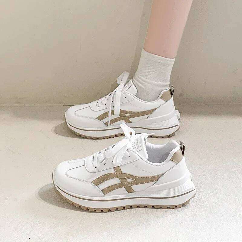 Women's lace-up breathable sports 2025 thick-soled leather stitching casual outdoor running vulcanized shoes