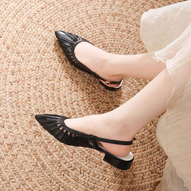 Women Summer Slingback Low Heels Pointed Toe Pleated Cutout Comfortable Elegant Dress Shoes for Casual Formal Daily Party Office
