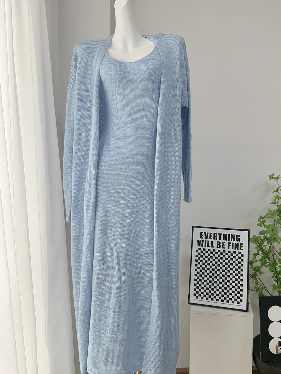 Hirsionsan Soft Loose Sets Women Three Pieces Long Sleeve Cardigan Sexy Vest Dresses Elegant Female Hollow Outfits Tracksuit 260304