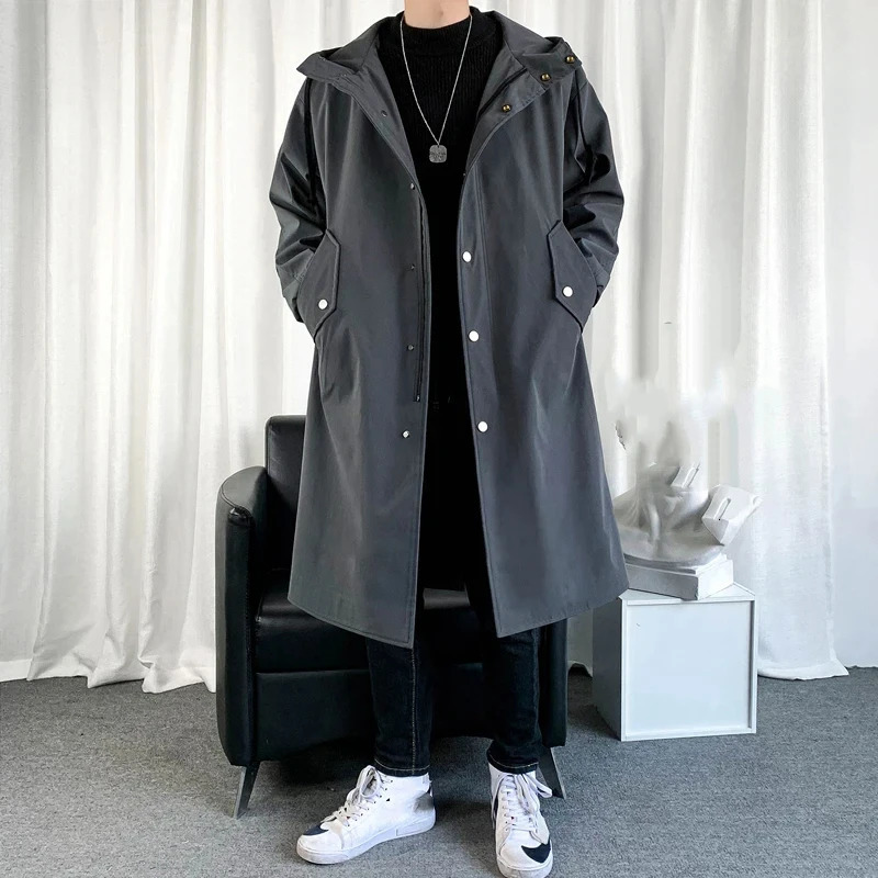 Mens Black Long Hooded Trench Coat Oversized Loose Fit Windbreaker Fashion Casual Waterproof Jacket 2026 Korean Streetwear 260302