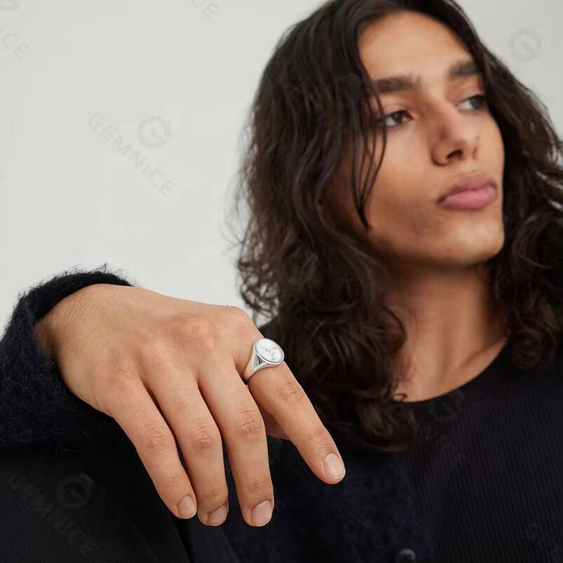 Gemnel 925 Sterling Silver Gemstone Oval White Howlite Signet Rings Mens