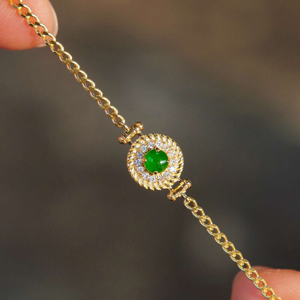 Premium 18K Gold Jadeite Bracelet, k gold au750, natural diamond, full green jadeite bracelet, Chinese style, trendy Cuban chain