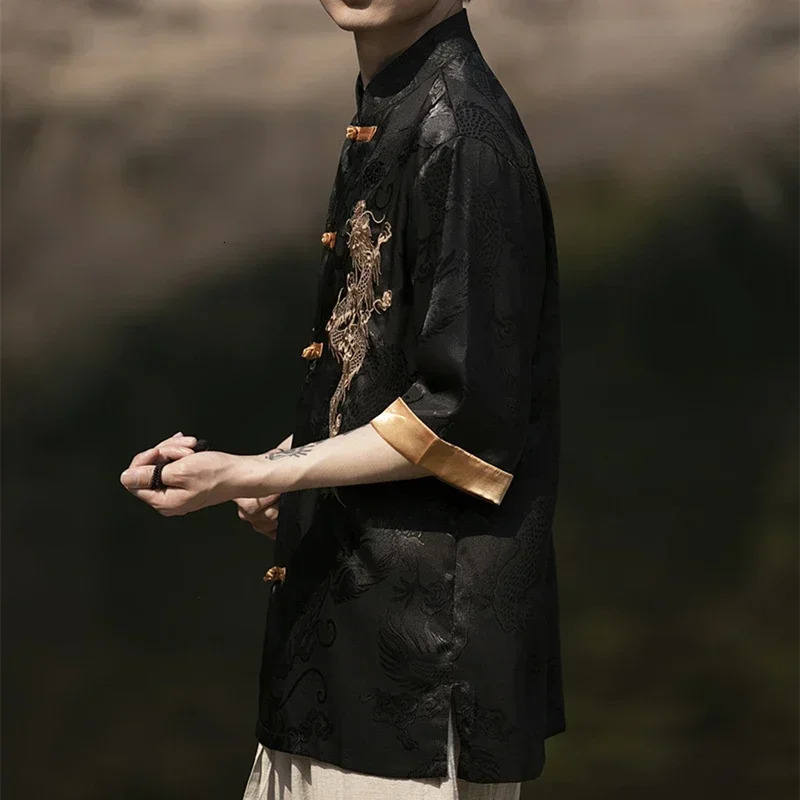 High Quality Summer Chinese Traditional Dress Dragon Embroidery Shirt Men Clothing Ice Silk Half Sleeve Vintage Tops Plus Size 260227