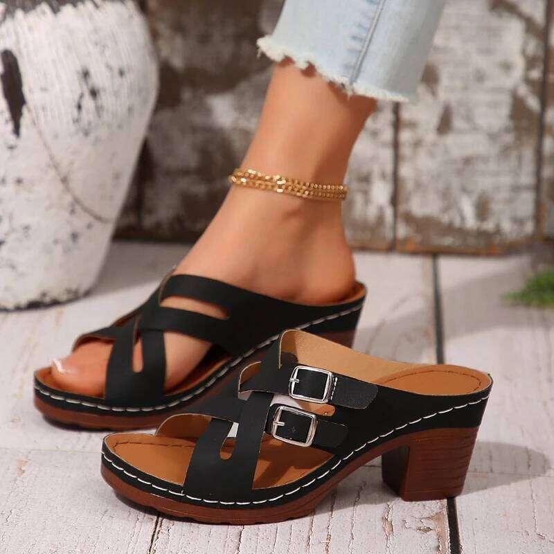 2026 New Women's Hot Selling Fashion Double Buckle Design High Heels Open toed Rubber Sole Non slip Sandals