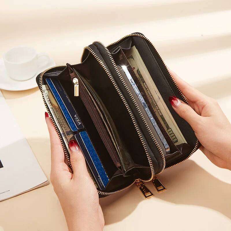 FOXER Split Leather Lady's Wallet Bifold Long Clutch with Wristlet Fashion Card Holder Coin Purse Cellphone Money Bag C260304