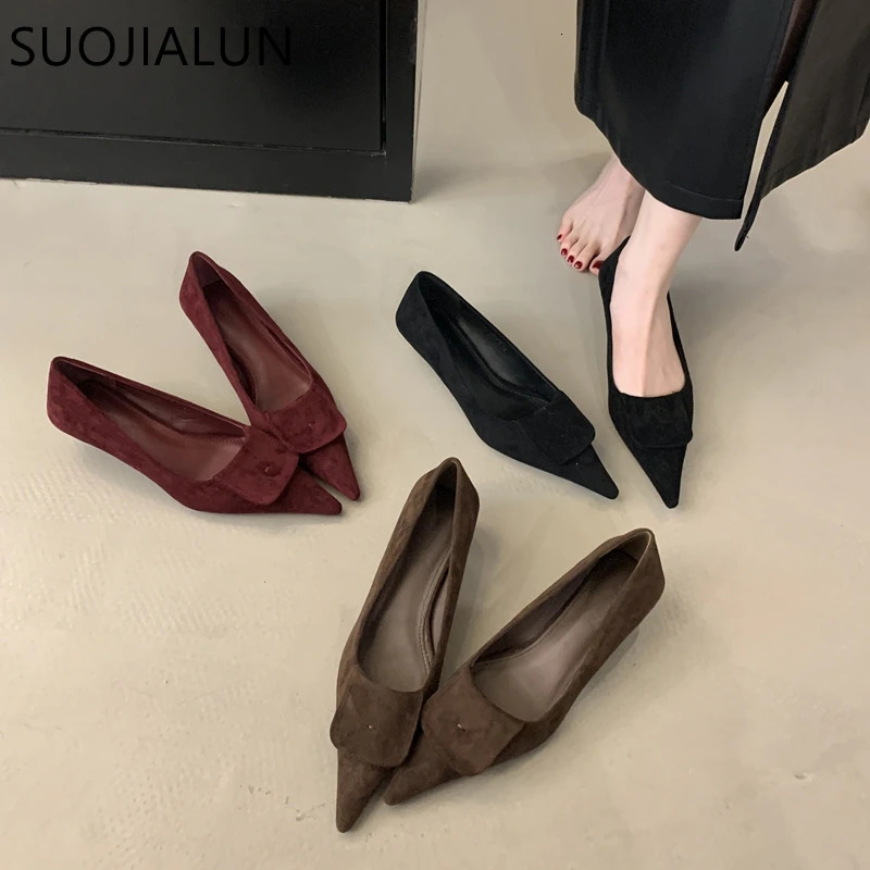 SUOJIALUN Autumn Women Pointed Toe Boat Shoes Fashion Red Ladies Elegant Dress Pumps Shoes Thin Low Heel Outdoor Dress Pump 260303