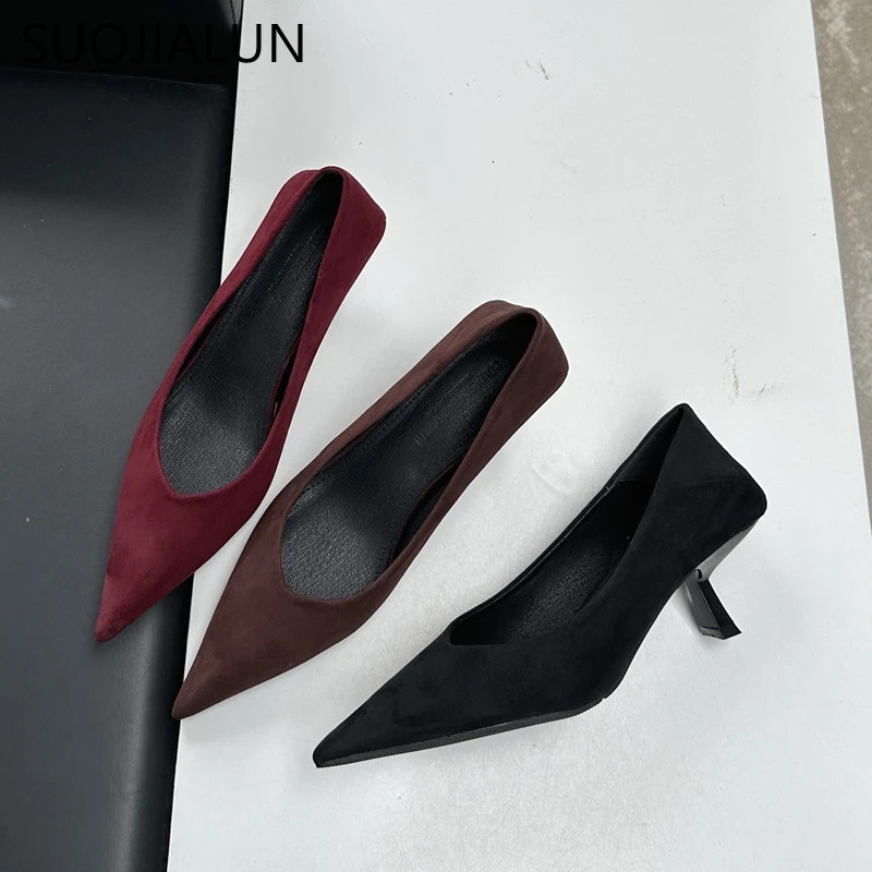 SUOJIALUN Autumn Pointed Toe Women Sexy Shallow Slip On Pumps Shoes Fashion Thin High Heel Ladies Elegant Dress Boat Shoes 260303
