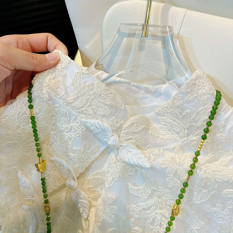 Short sleeve Blouse Women Lace Design Embroidery Elegant Female Fashion Tops Casual Stand-collar Chinese Style New Style Button Chinese National Style