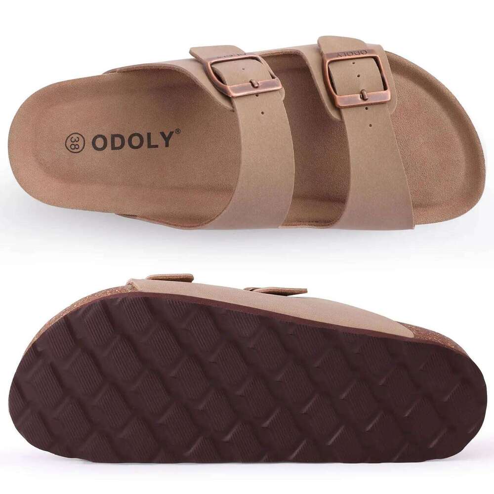 Litfun Women's Cork Footbed Classic Flat Fashion Thick Bottom Double Buckle Slides Beach Sandals With Adjustable