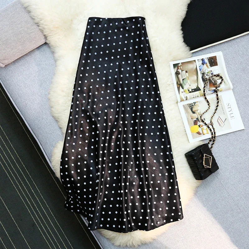 Seoulish Vintage Polka Dot Satin Mermaid Skirts for Women 2026 Spring Summer High Waist Casual Mid Length Womens Skirts 260306