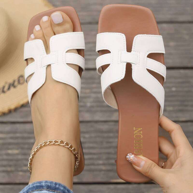 2025 Summer New Solid Color Lightweight Square Open toed Casual Slippers Women's Flat Sandals