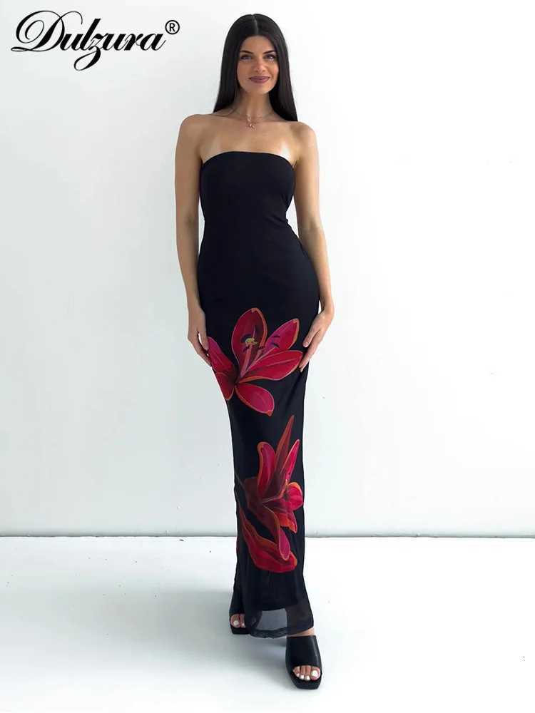 Dulzura Sleeveless Flower Print Tube Bodycon Midi Dress Backless Lace Up Elegant Sexy Outfit Party Club Autumn Winter X260306