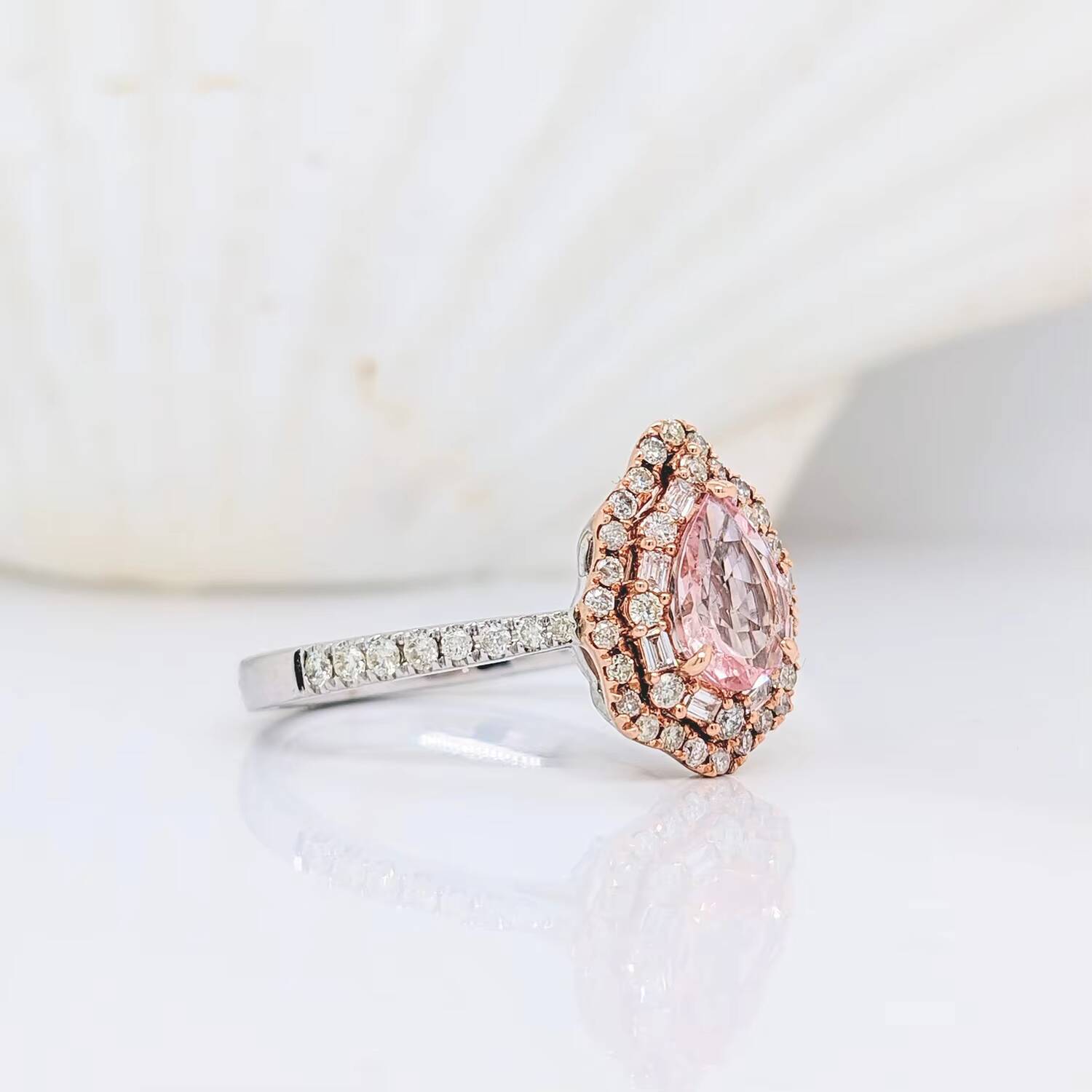 Pink Morganite 14K White Gold Classic Engagement Wedding Ring with Pear Cut 7x5mm Baguette and Round Diamonds